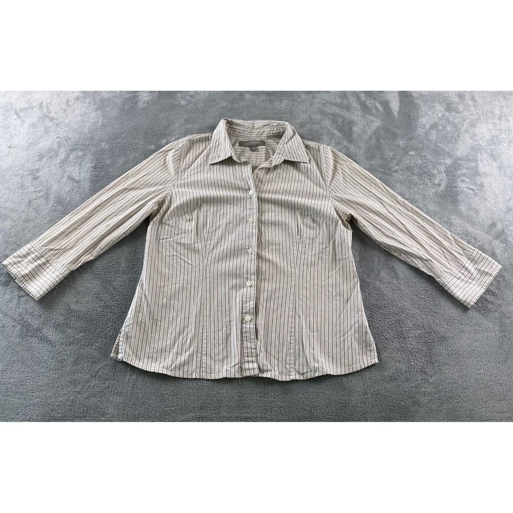 Croft & Barrow Womens Tan White Striped Button Down Stretch Shirt Size M